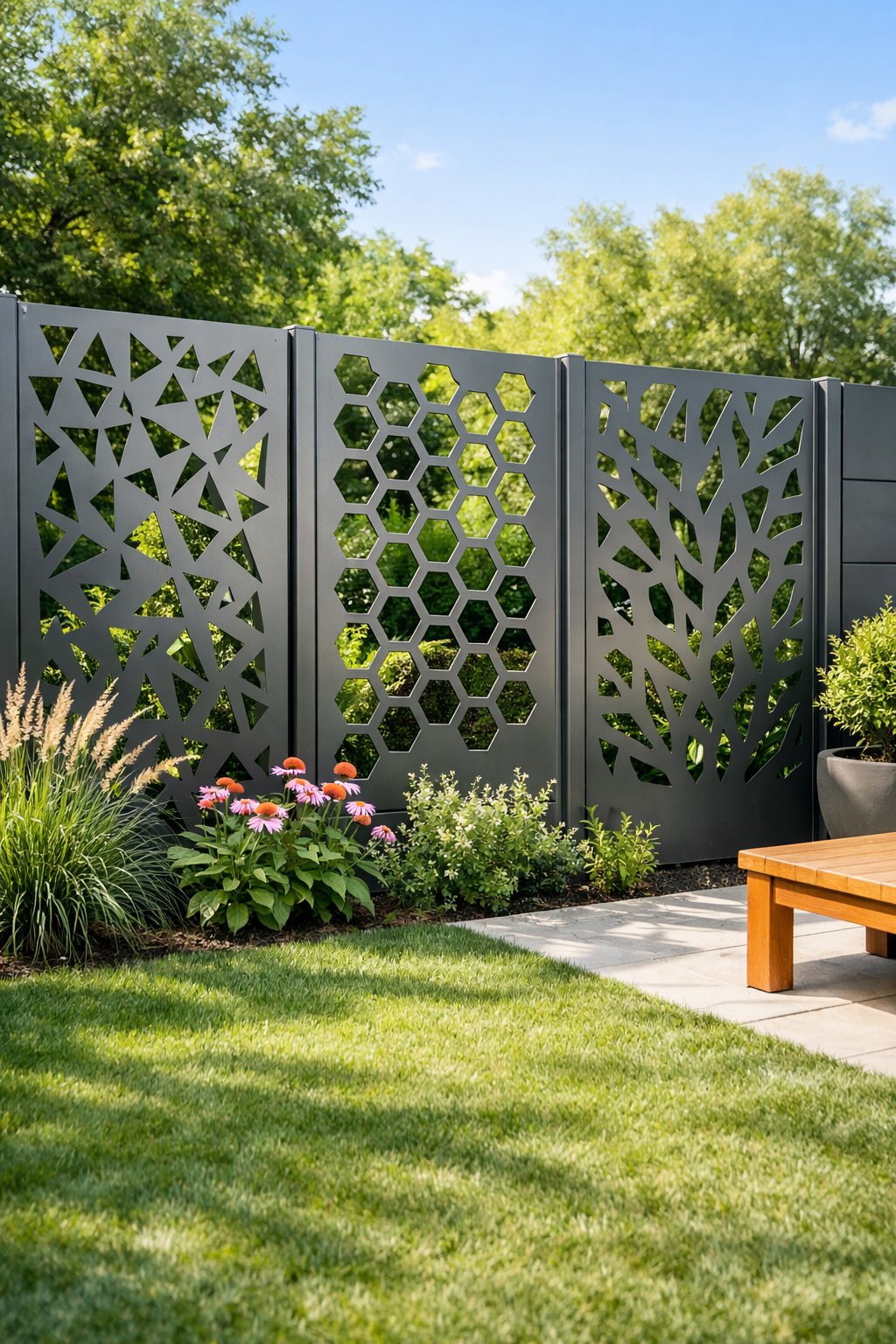 Backyard with a modern metal fence featuring geometric cutouts and plants around it.