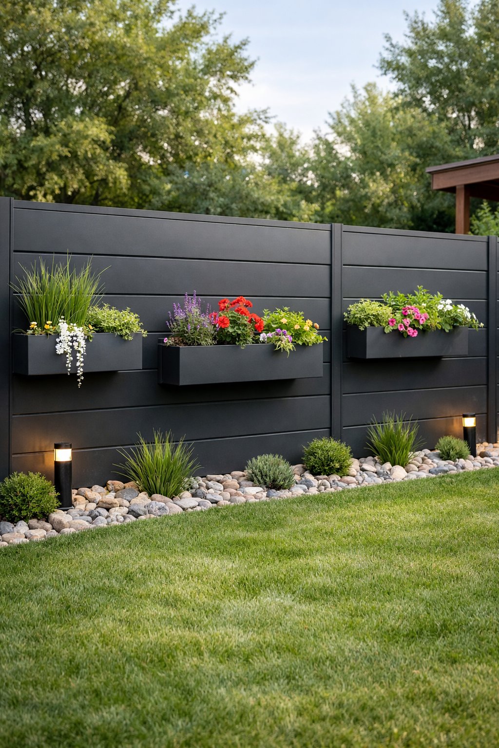 Backyard with a modern sheet metal fence featuring built-in planter boxes filled with green plants and flowers.