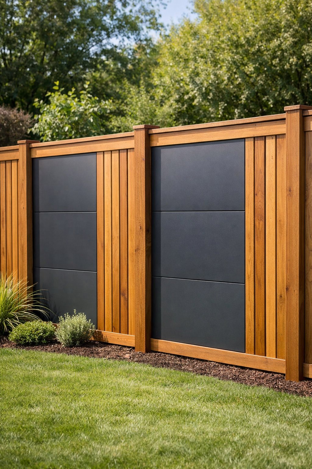 A backyard fence made of vertical wooden slats and sheet metal panels surrounded by grass and plants.