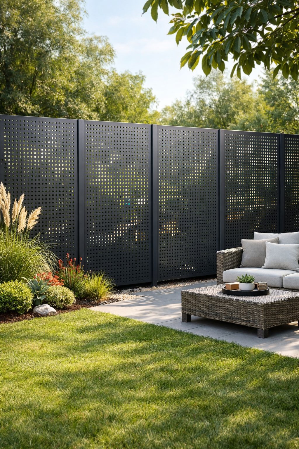 Backyard with perforated metal privacy fence, green plants, and a seating area.