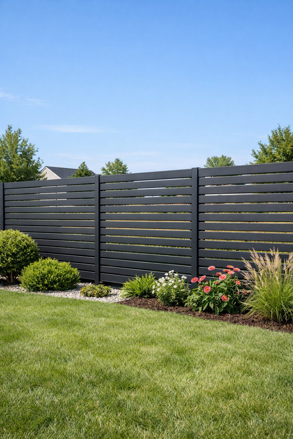 A backyard with a horizontal slatted metal fence, green grass, shrubs, and a clear sky in the background.