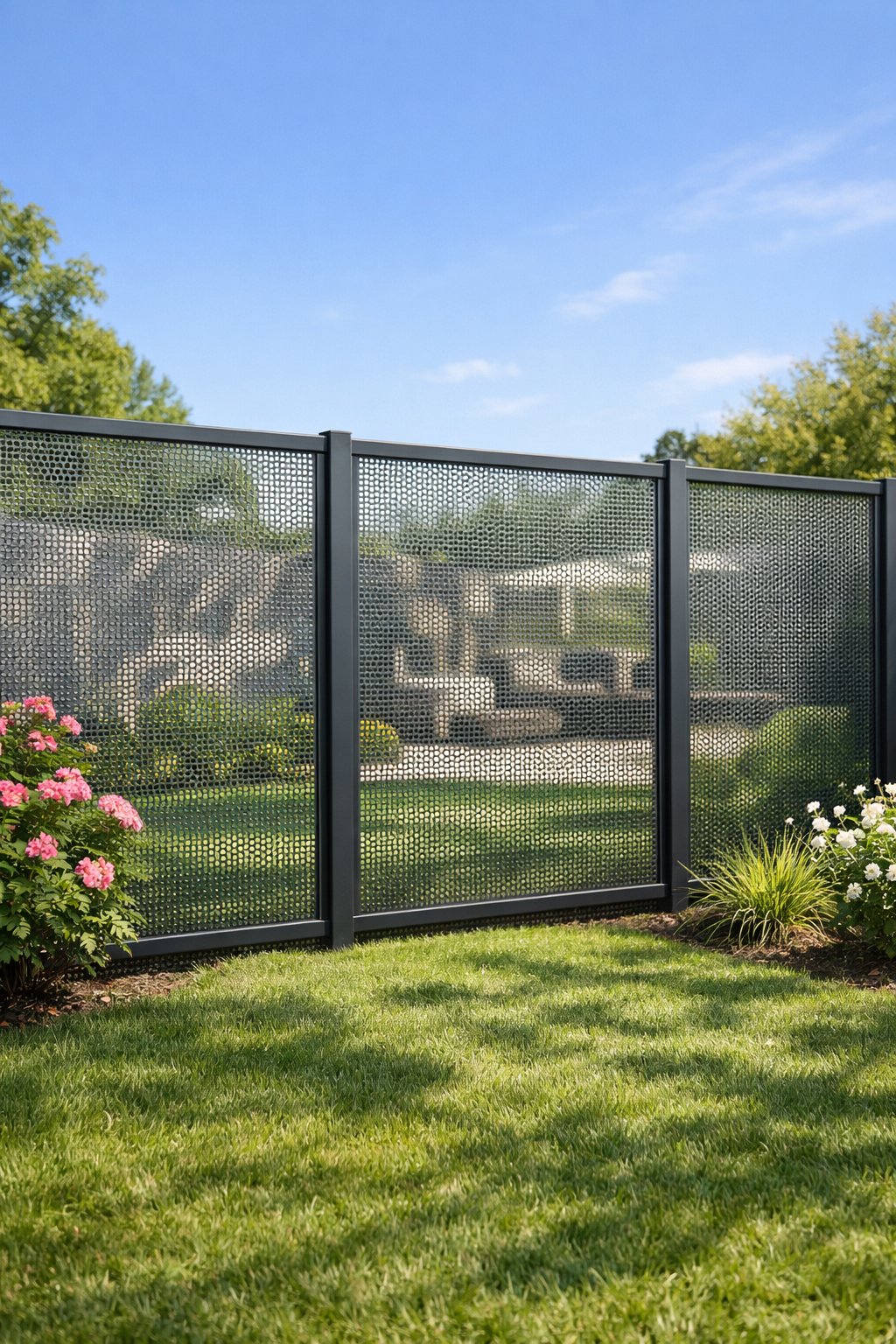 Backyard with a mesh-patterned sheet metal fence, green grass, and garden plants under clear skies.