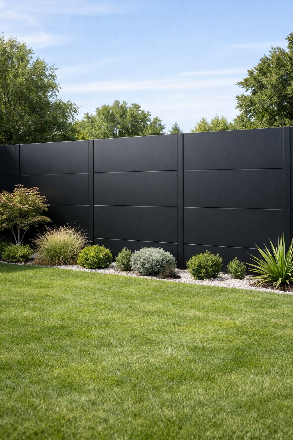 A backyard with a sleek black metal fence surrounded by green grass and small plants.