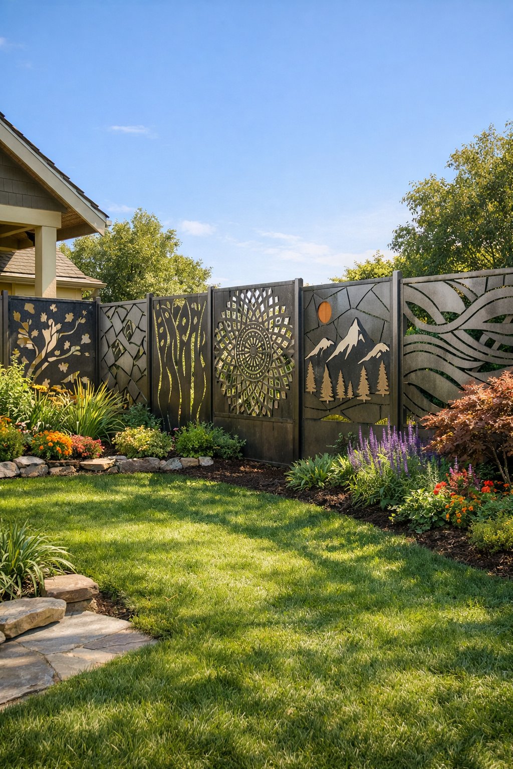 Backyard with a decorative welded sheet metal fence surrounded by green grass and plants under a clear sky.