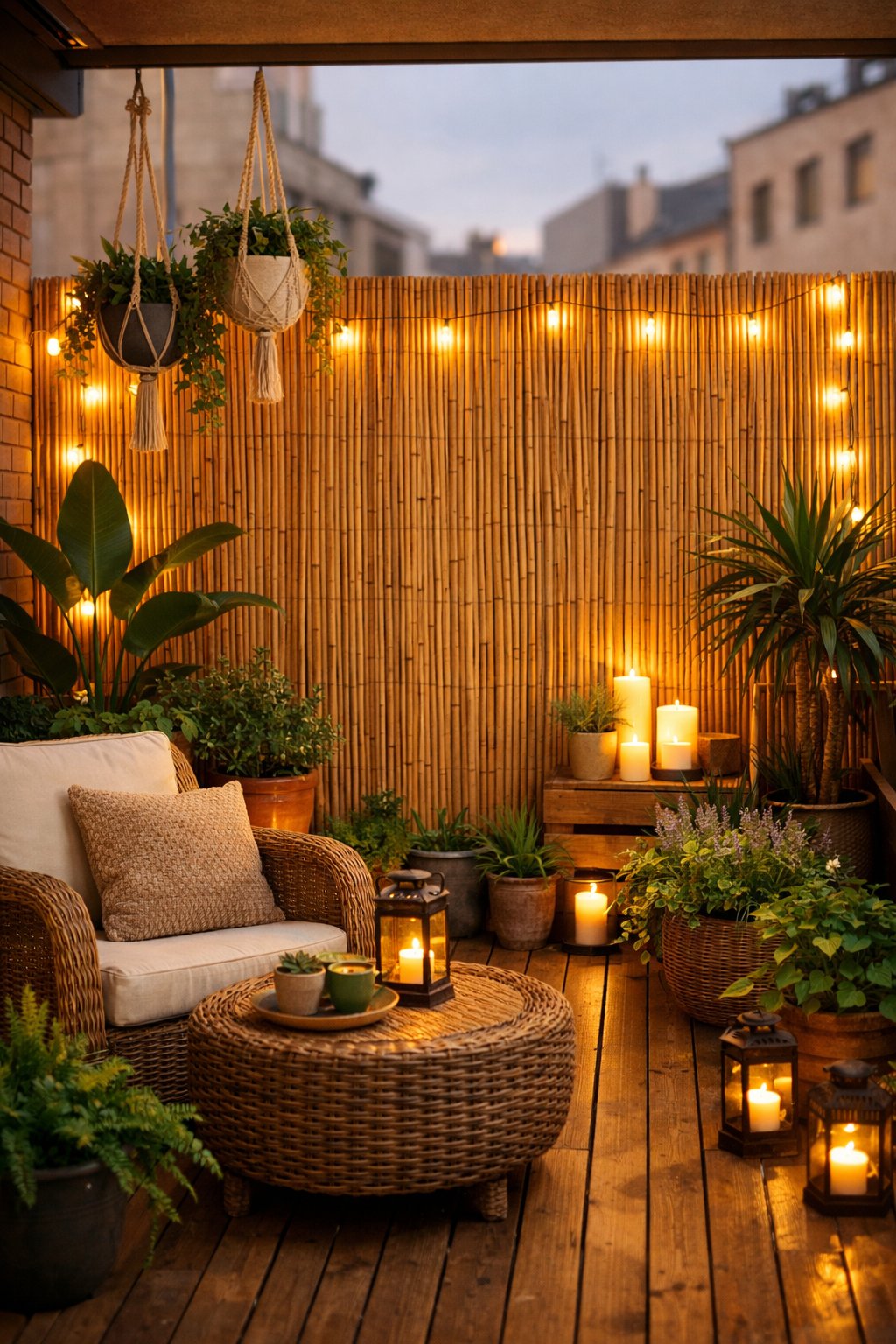 Small balcony garden with bamboo screen, plants, and warm mood lighting creating a private outdoor space.