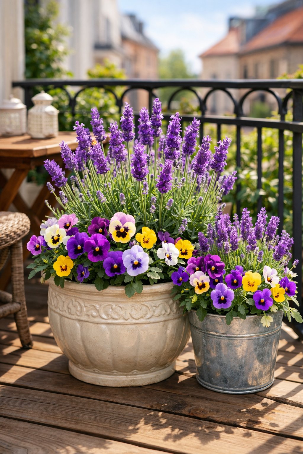 A small balcony garden with blooming lavender and colorful pansies in pots, sunlight illuminating the plants with a city balcony background.