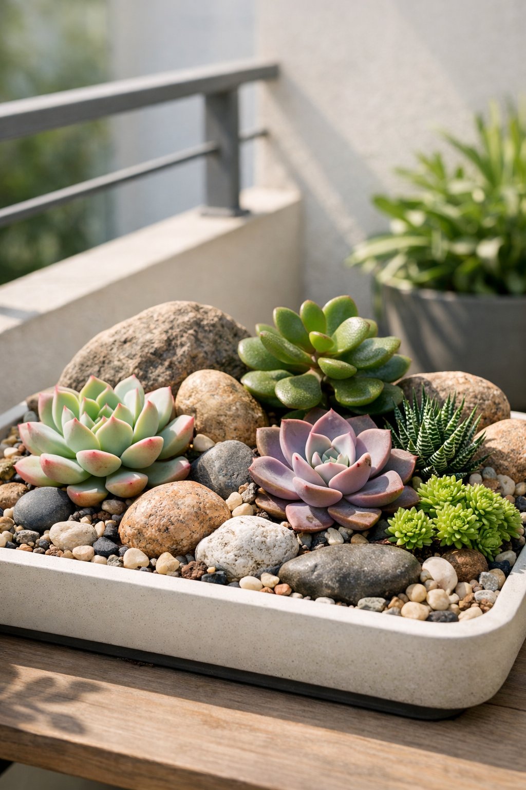 A small balcony with a mini succulent rock garden featuring various green succulents and natural stones in a shallow planter.