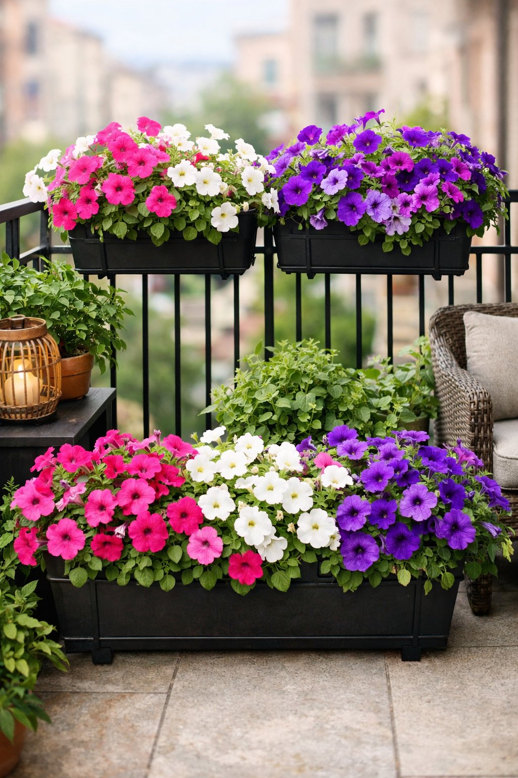 A small balcony with window boxes filled with colorful petunias and green plants.