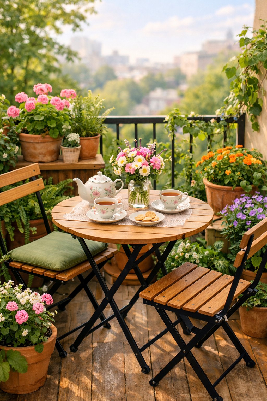 Small balcony with a foldable bistro table set for tea surrounded by various potted plants.