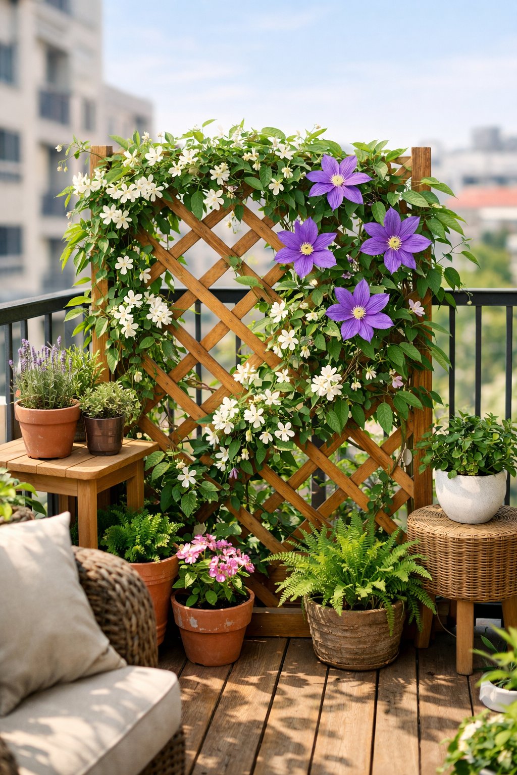 A small balcony garden with a compact trellis covered in blooming jasmine and clematis vines surrounded by potted plants.