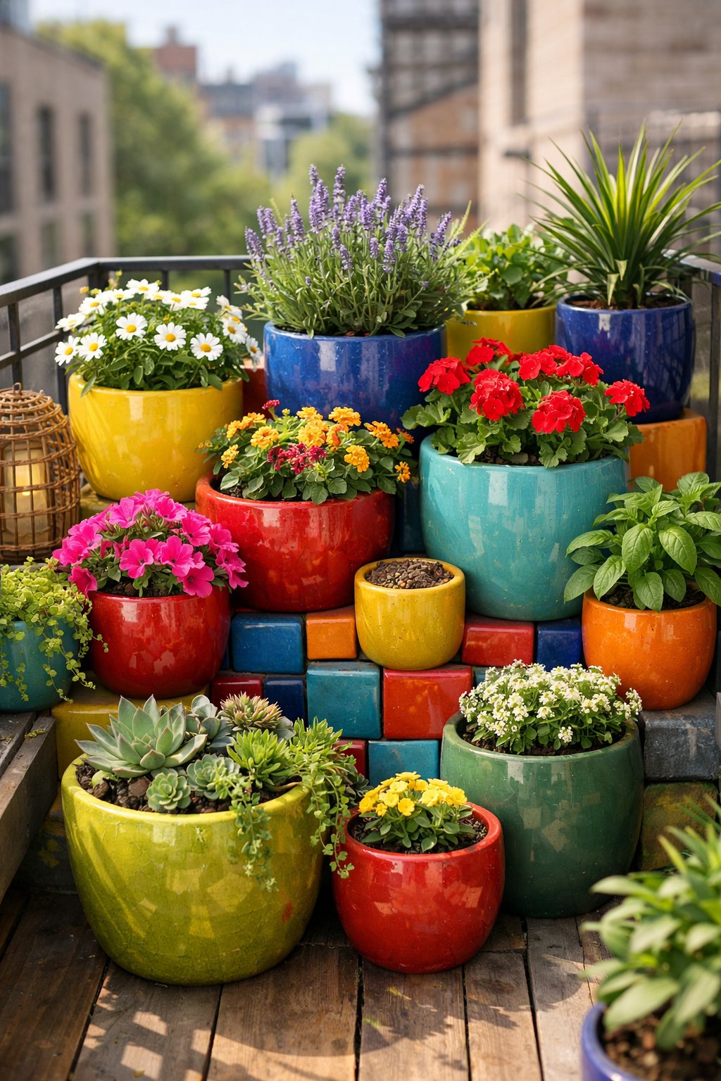 A small balcony garden with colorful ceramic pots of different sizes filled with green plants and flowers.