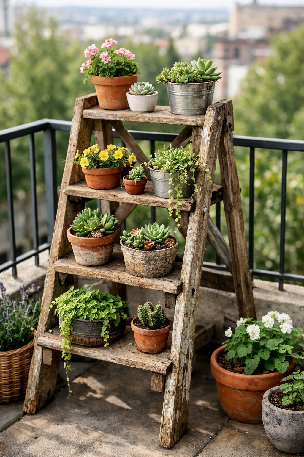 A small balcony with a wooden ladder used as a tiered plant stand holding various potted plants and flowers.