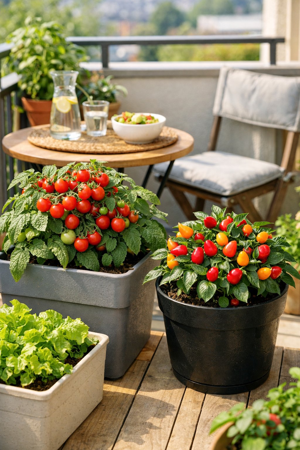 A small balcony garden with cherry tomatoes and dwarf peppers growing in containers, surrounded by green plants and outdoor furniture.