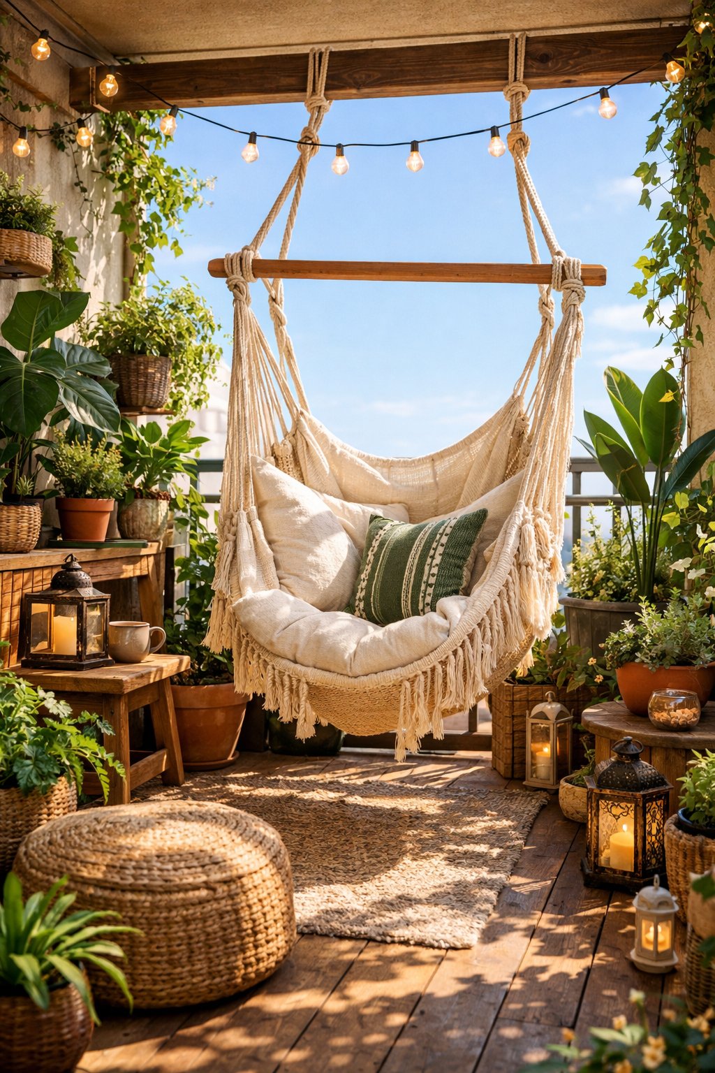 A small balcony garden with a cozy hammock chair surrounded by green plants and sunlight.
