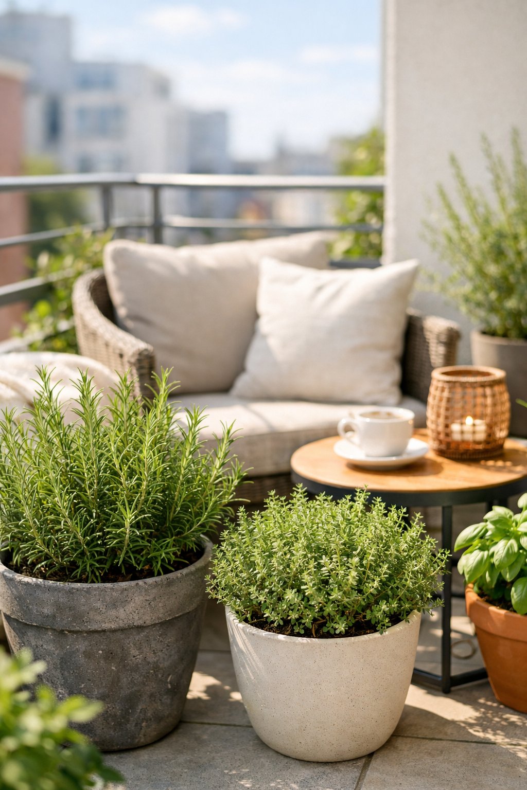 A small balcony garden with rosemary and thyme plants near seating areas, bathed in sunlight.