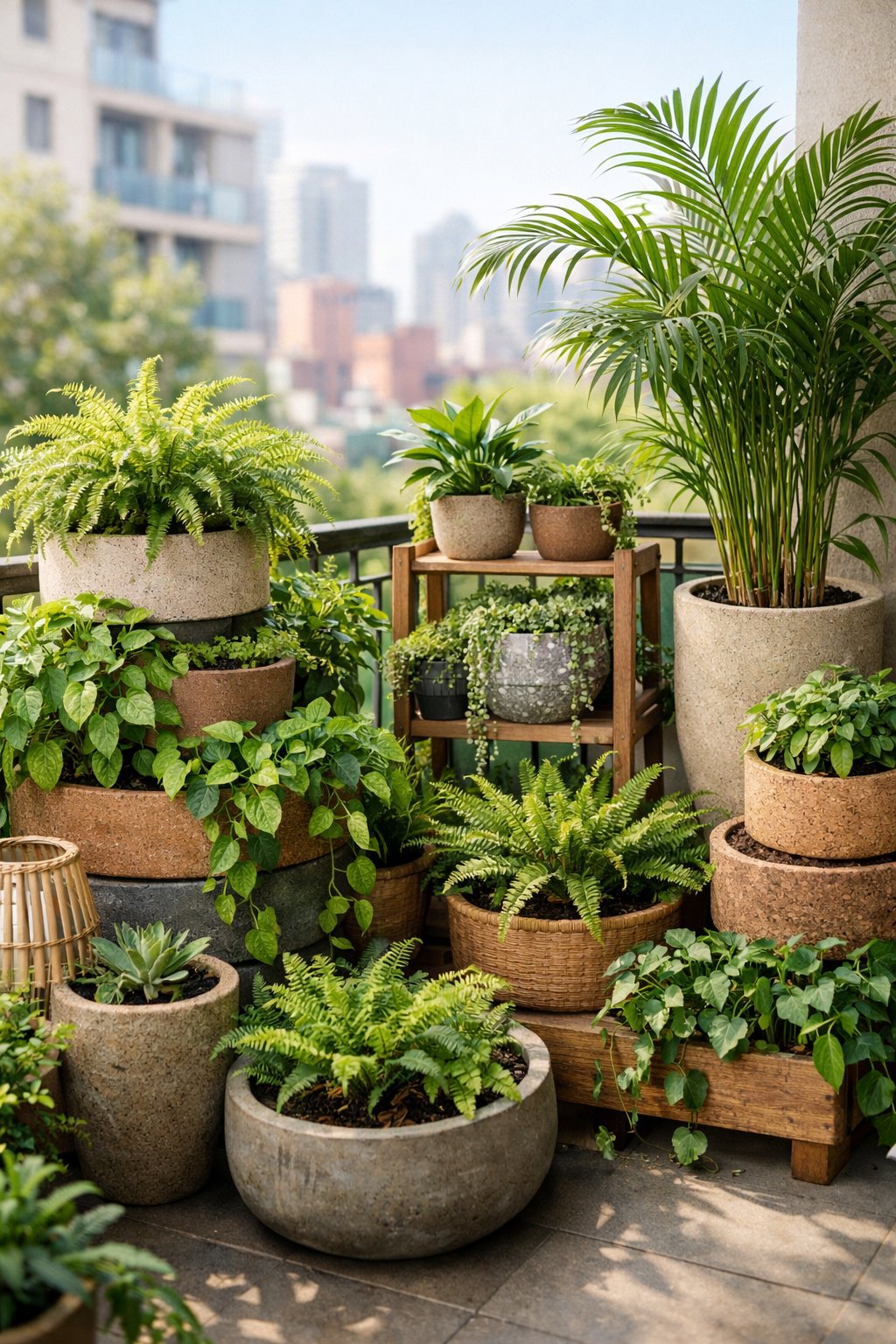 A small balcony filled with multiple levels of green plants in pots, creating a dense, jungle-like garden.