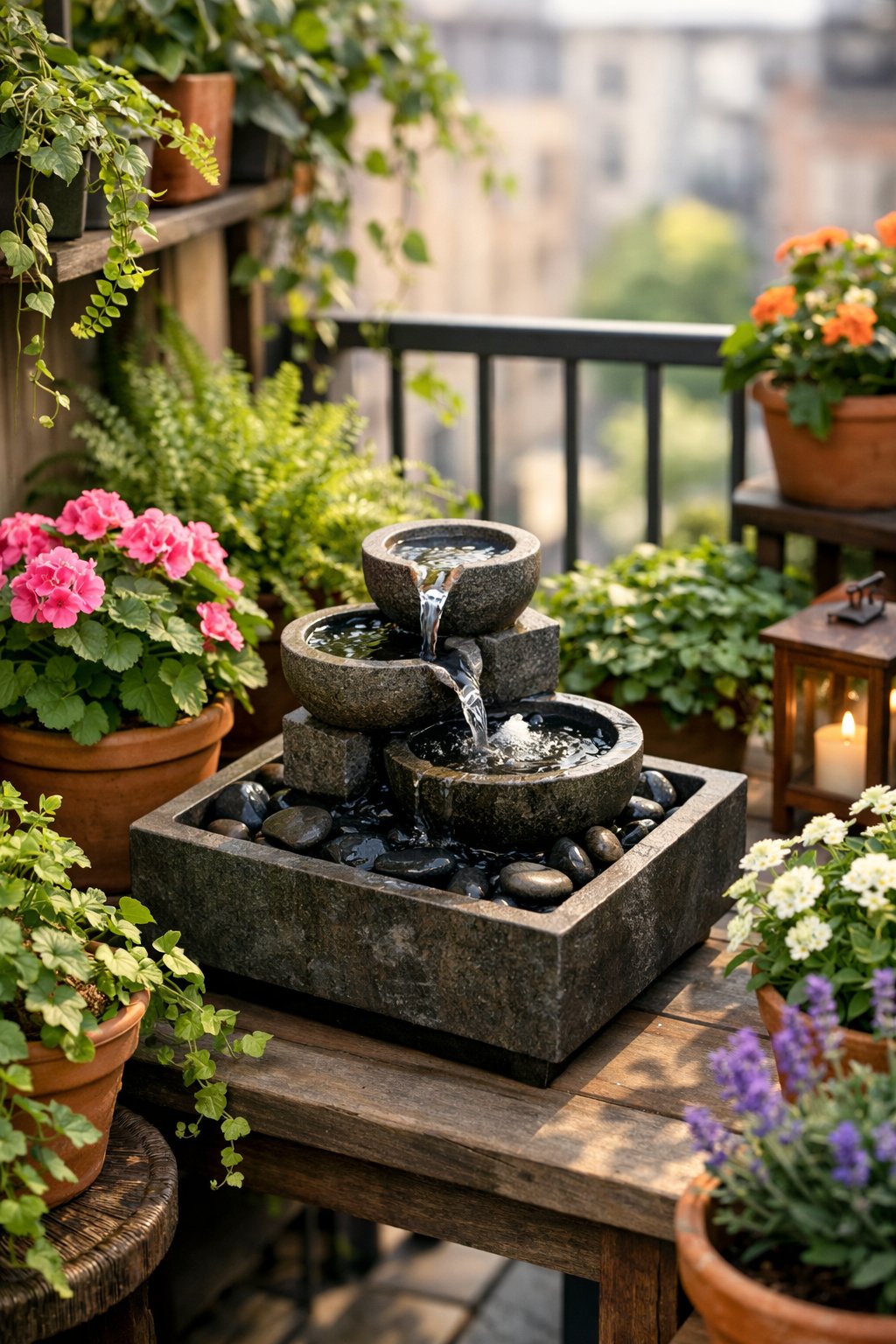 A small balcony garden with a tabletop water fountain surrounded by green potted plants and flowers.