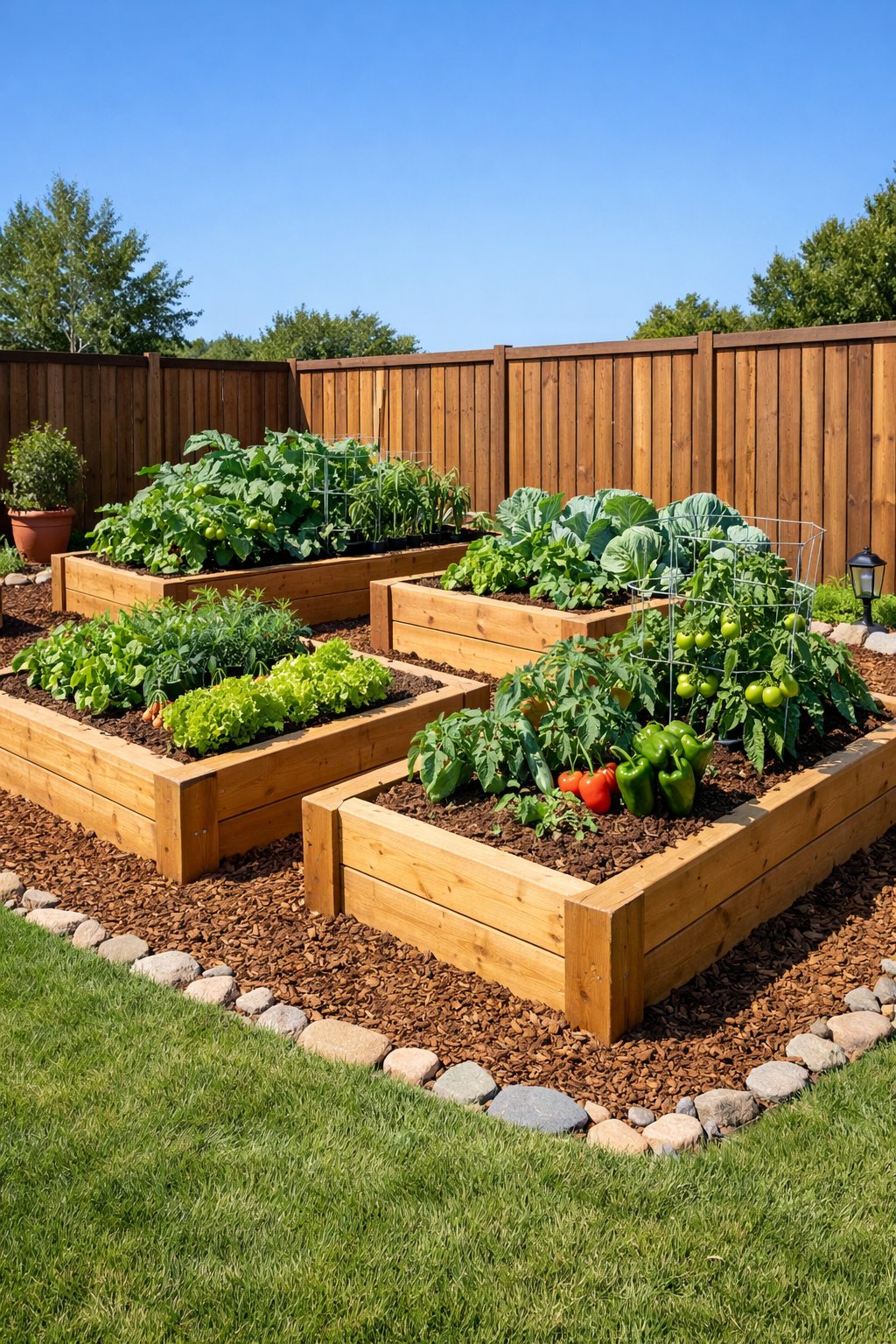 Backyard with raised wooden garden beds filled with healthy vegetable plants and dry soil.