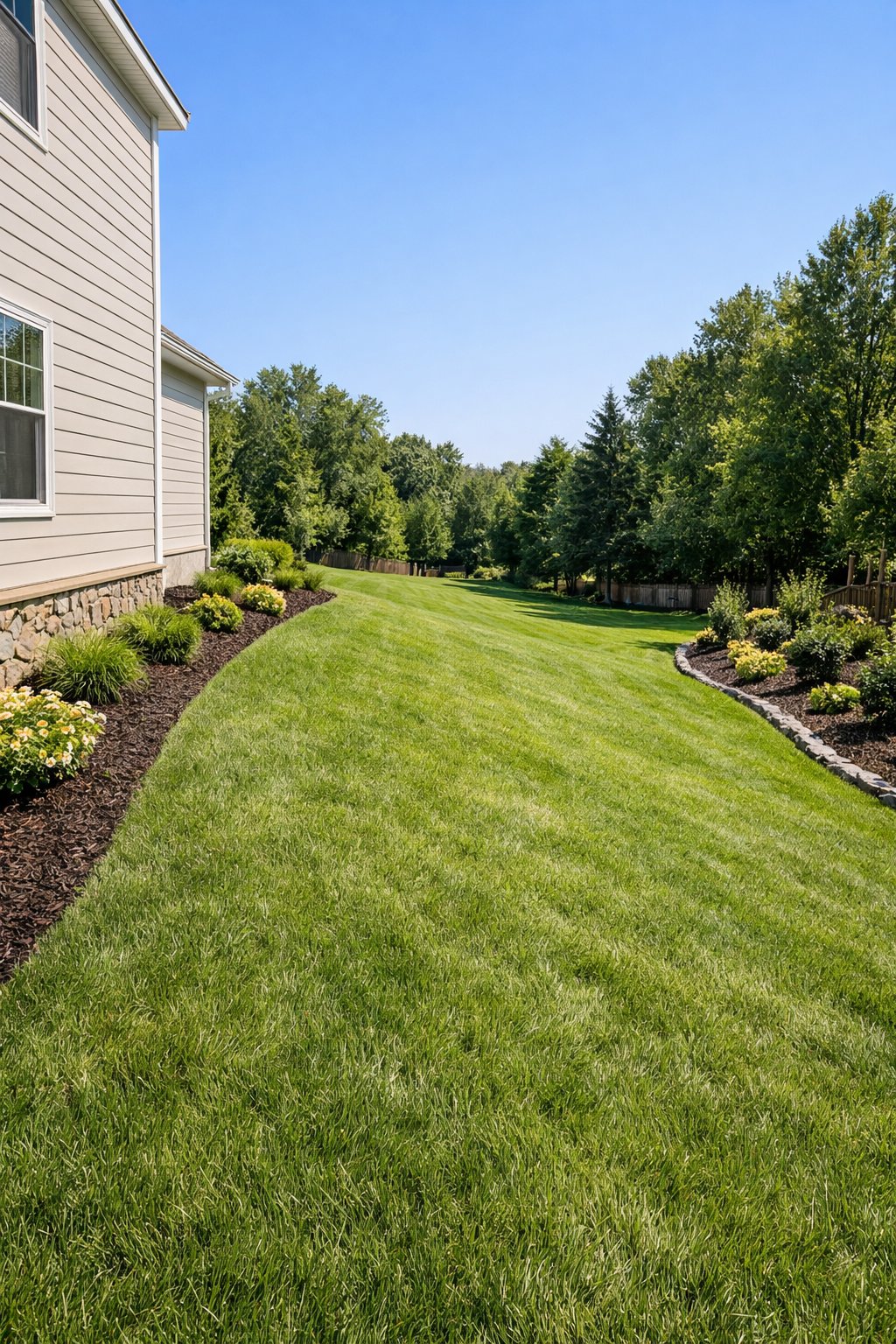 A backyard with a lawn sloping away from a house to direct water runoff.