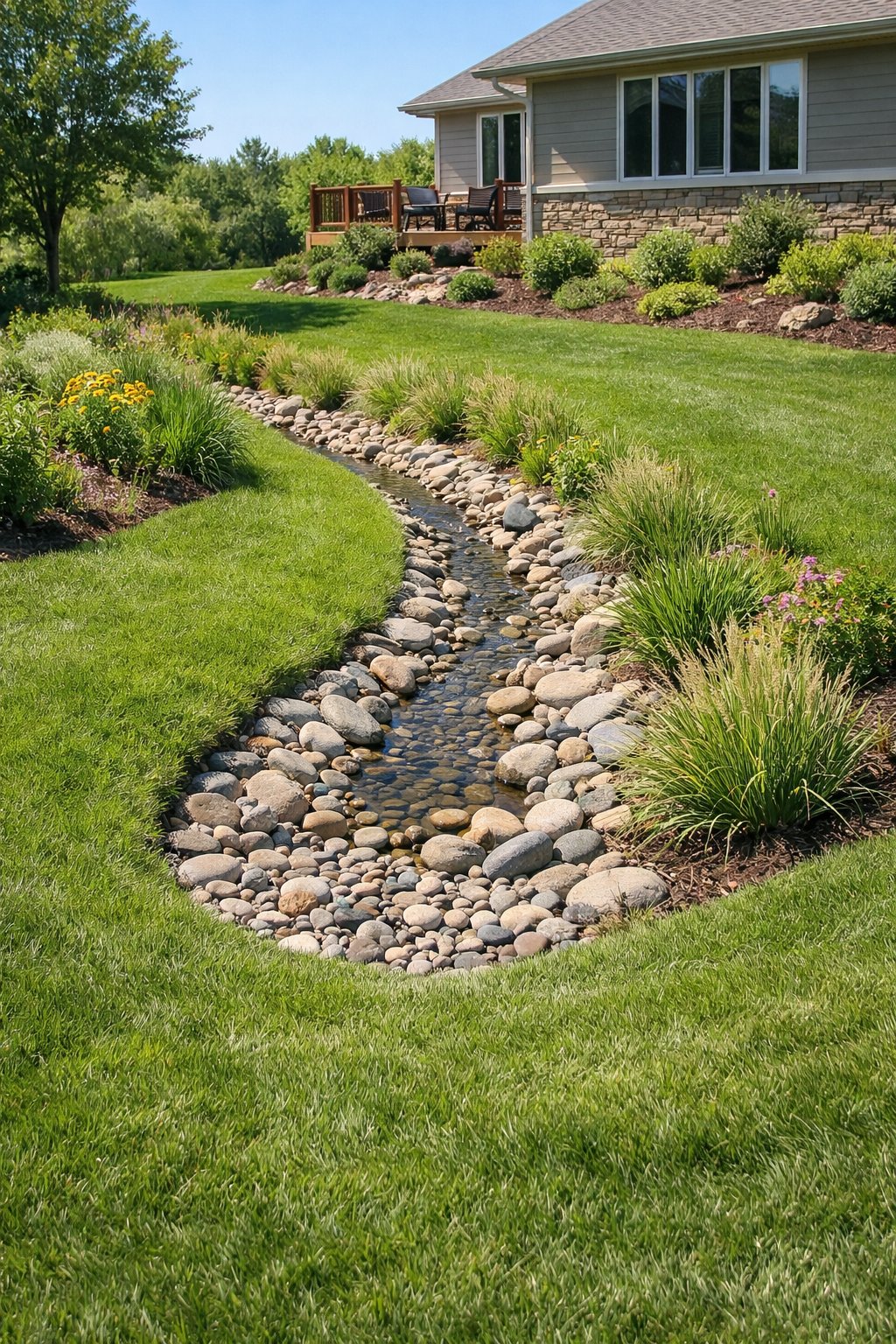 Backyard with a shallow ditch lined with grass and plants for drainage next to a house.
