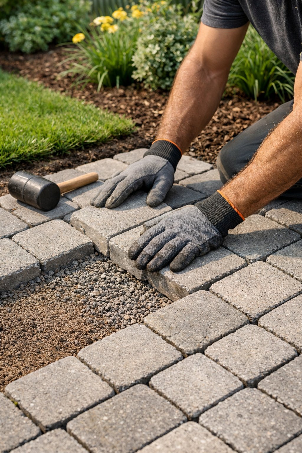 Close-up of hands installing permeable pavers in a backyard garden with green plants and soil.