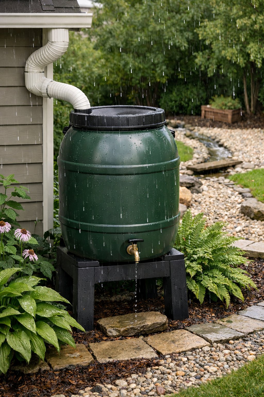 A backyard with a rain barrel connected to a house downspout, surrounded by plants and garden features.