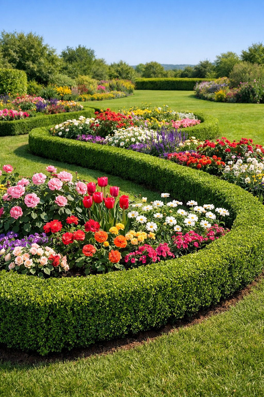A garden with green boxwood borders neatly framing colorful flower beds under a clear sky.