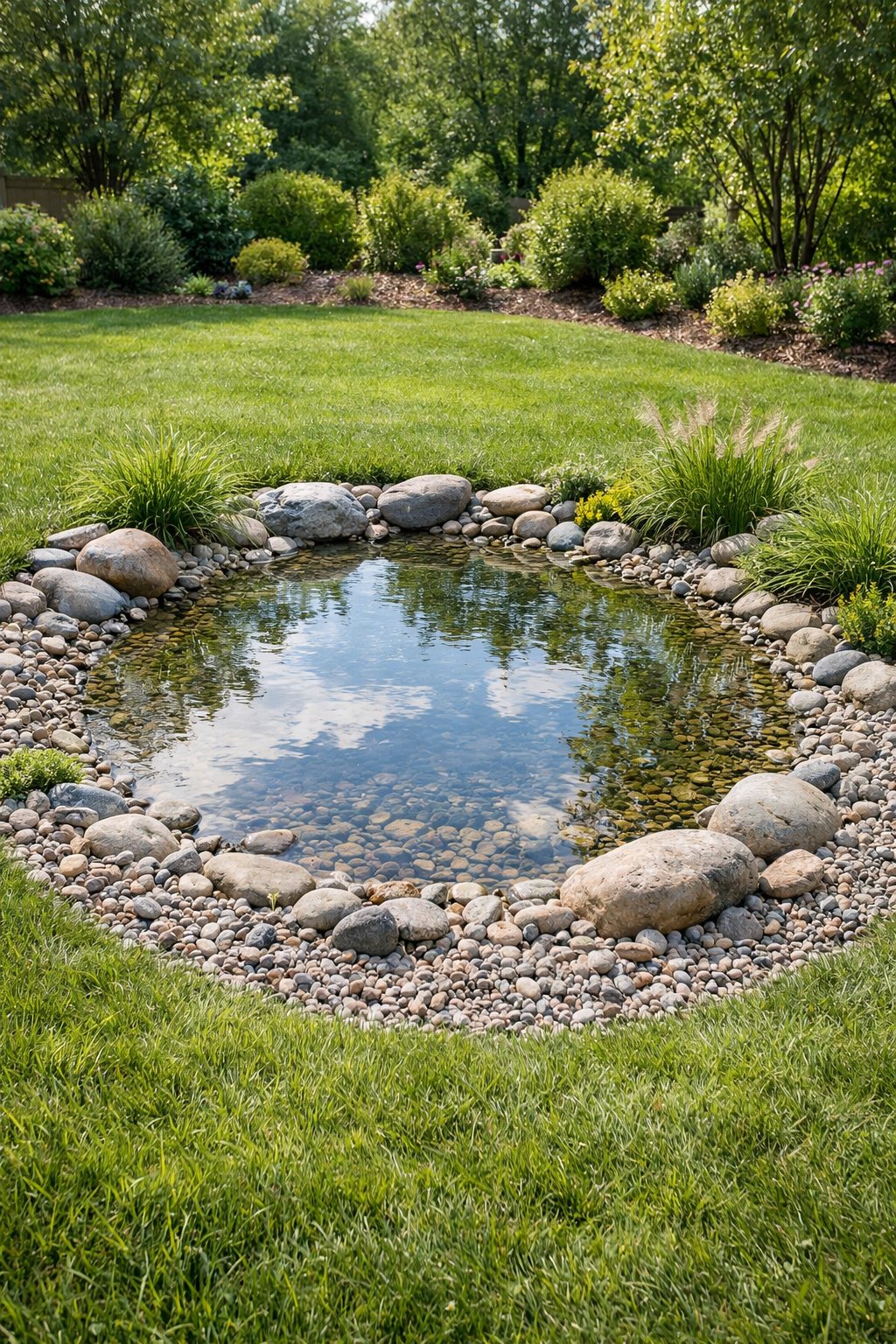 Backyard with a small gravel pit filled with water surrounded by grass and plants.