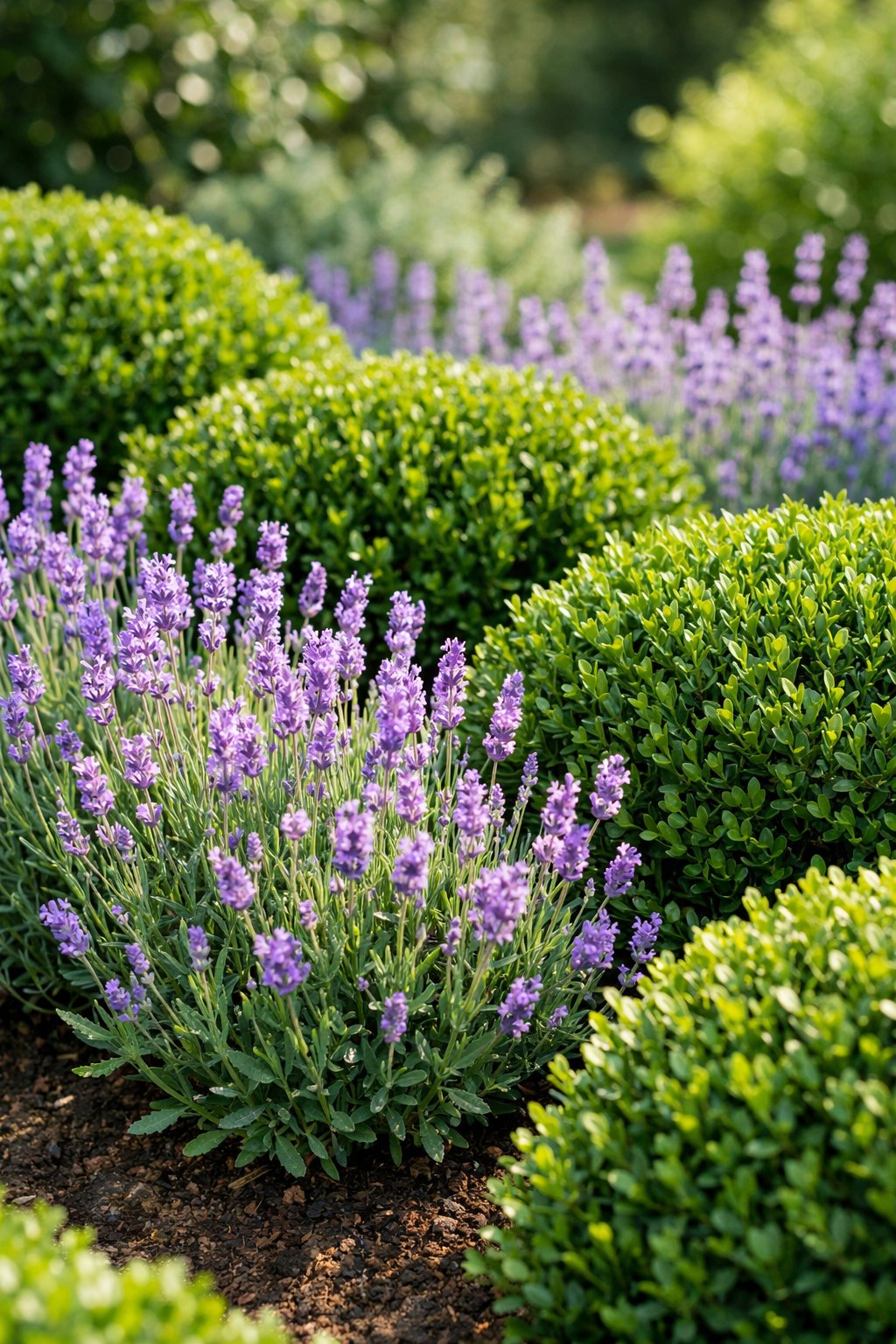 A garden with green boxwood shrubs and purple lavender flowers growing together.