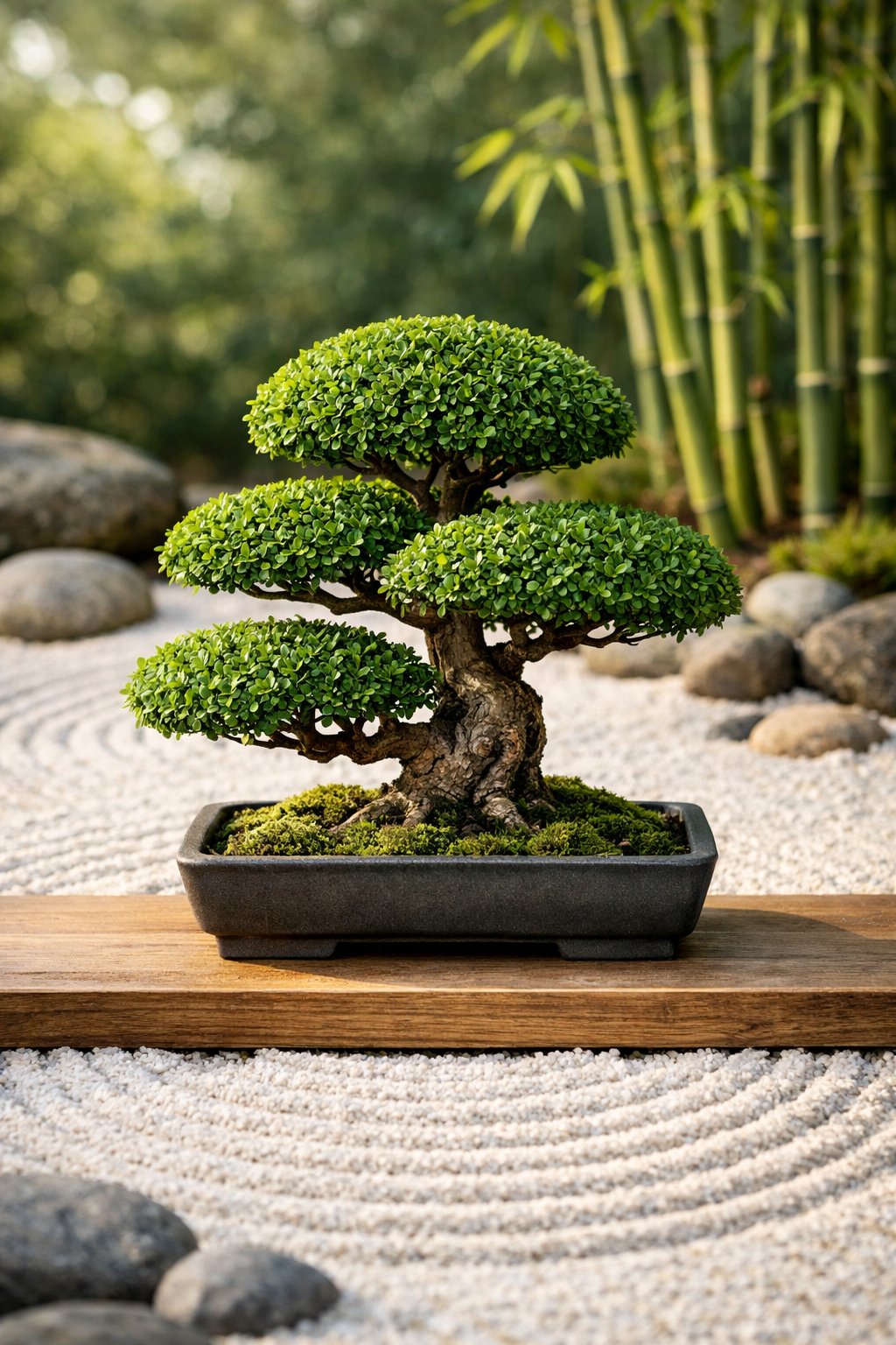 A boxwood bonsai tree displayed in a zen garden with raked gravel and stones.
