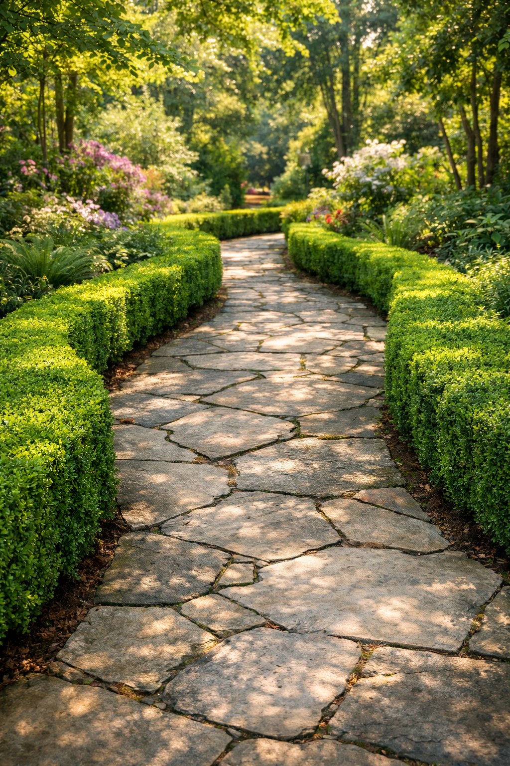 A winding stone garden path bordered by neatly trimmed boxwood hedges surrounded by green plants and trees.