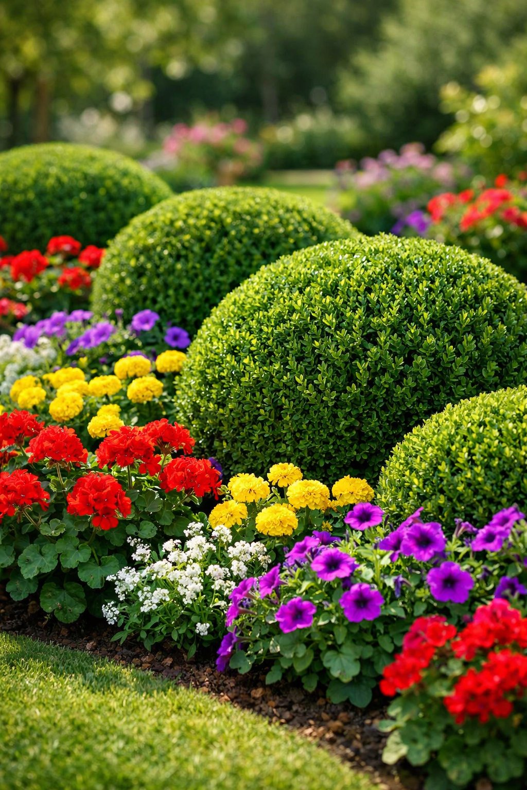 A garden with green boxwood shrubs and bright colorful annual flowers in bloom.