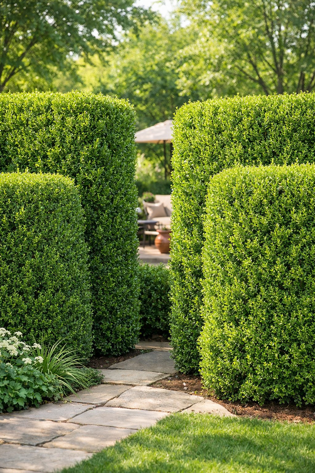 A garden with neatly trimmed boxwood shrubs arranged as natural privacy screens blocking the view beyond.