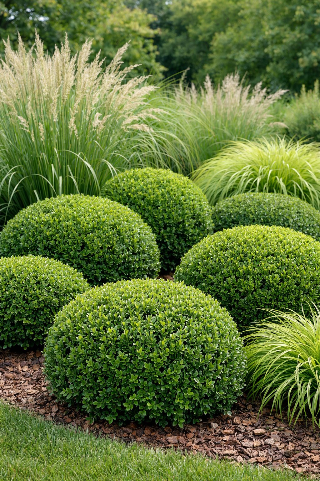 A garden with green boxwood shrubs mixed with tall ornamental grasses, showing varied plant textures.