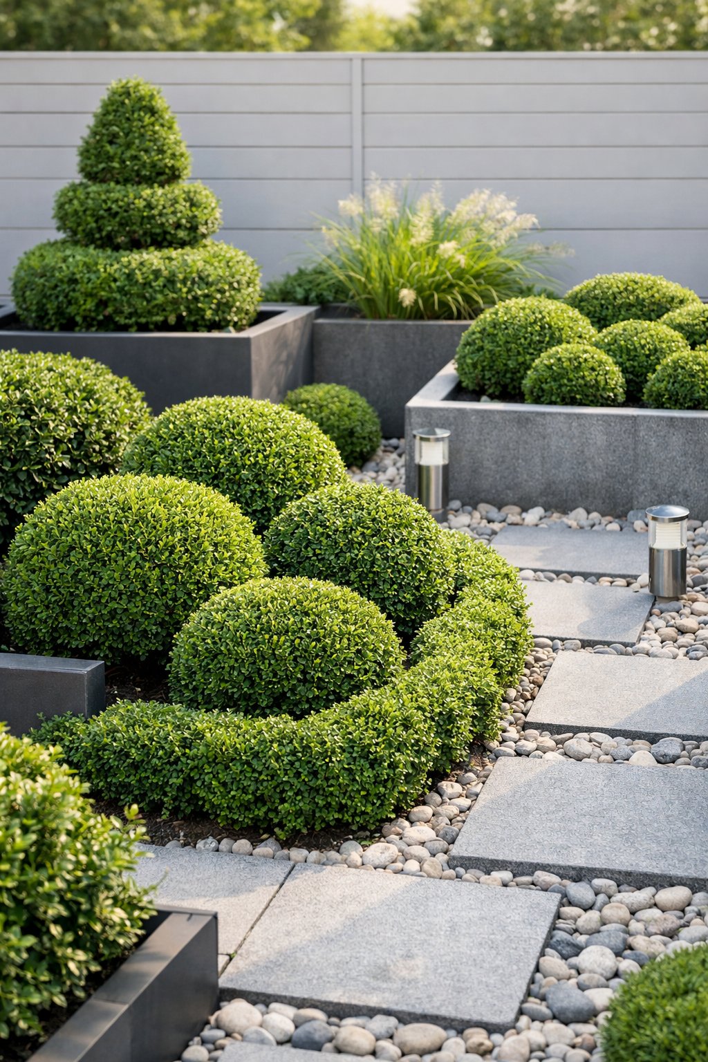 A small garden with neatly trimmed dwarf boxwood shrubs arranged among stone pathways and modern planters.