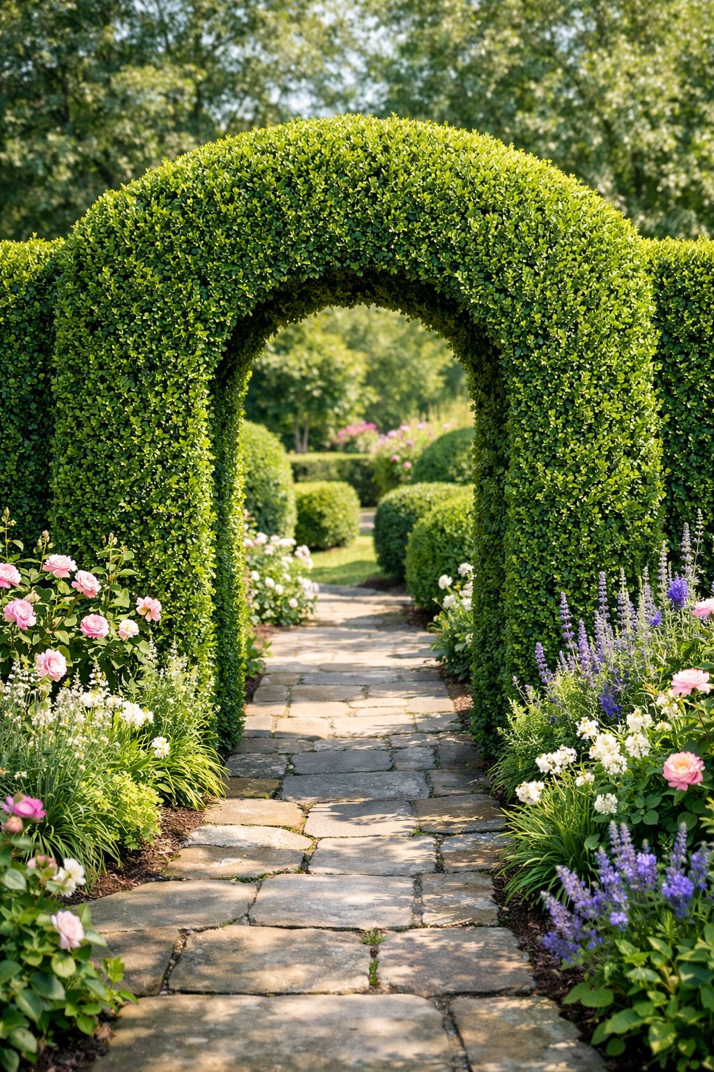 A green boxwood topiary archway over a stone pathway in a garden surrounded by flowering plants and greenery.