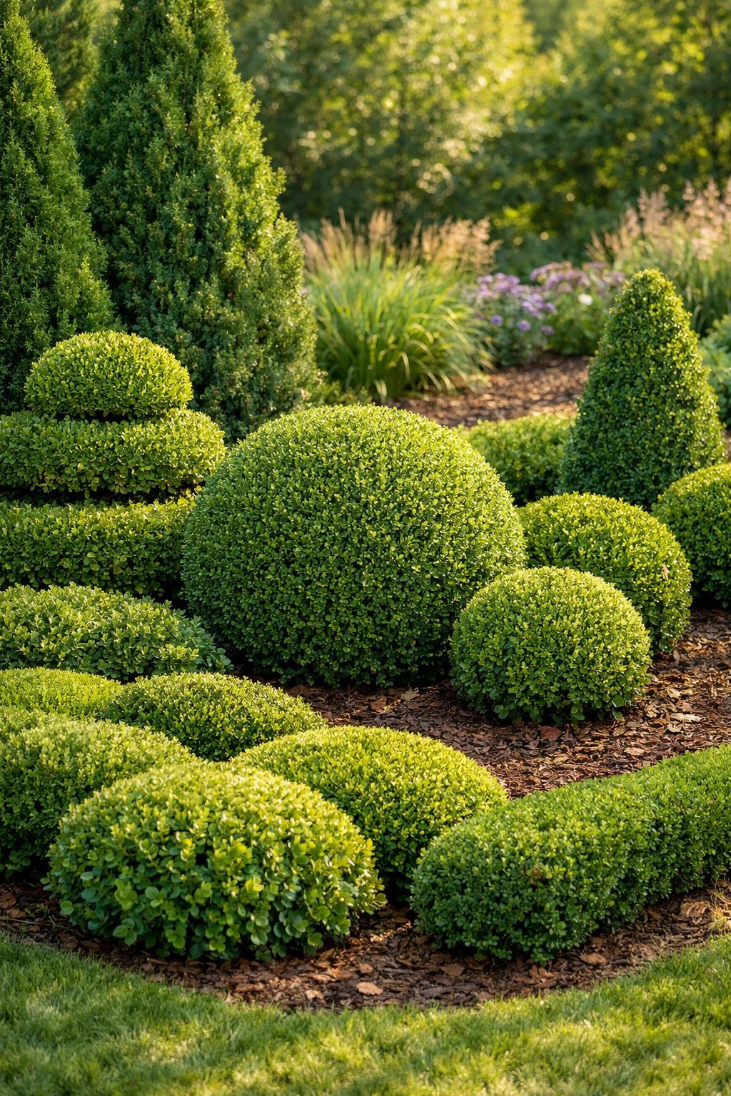 A garden with a mix of evergreen shrubs and trimmed boxwood bushes in various shapes and sizes, surrounded by green foliage and natural sunlight.