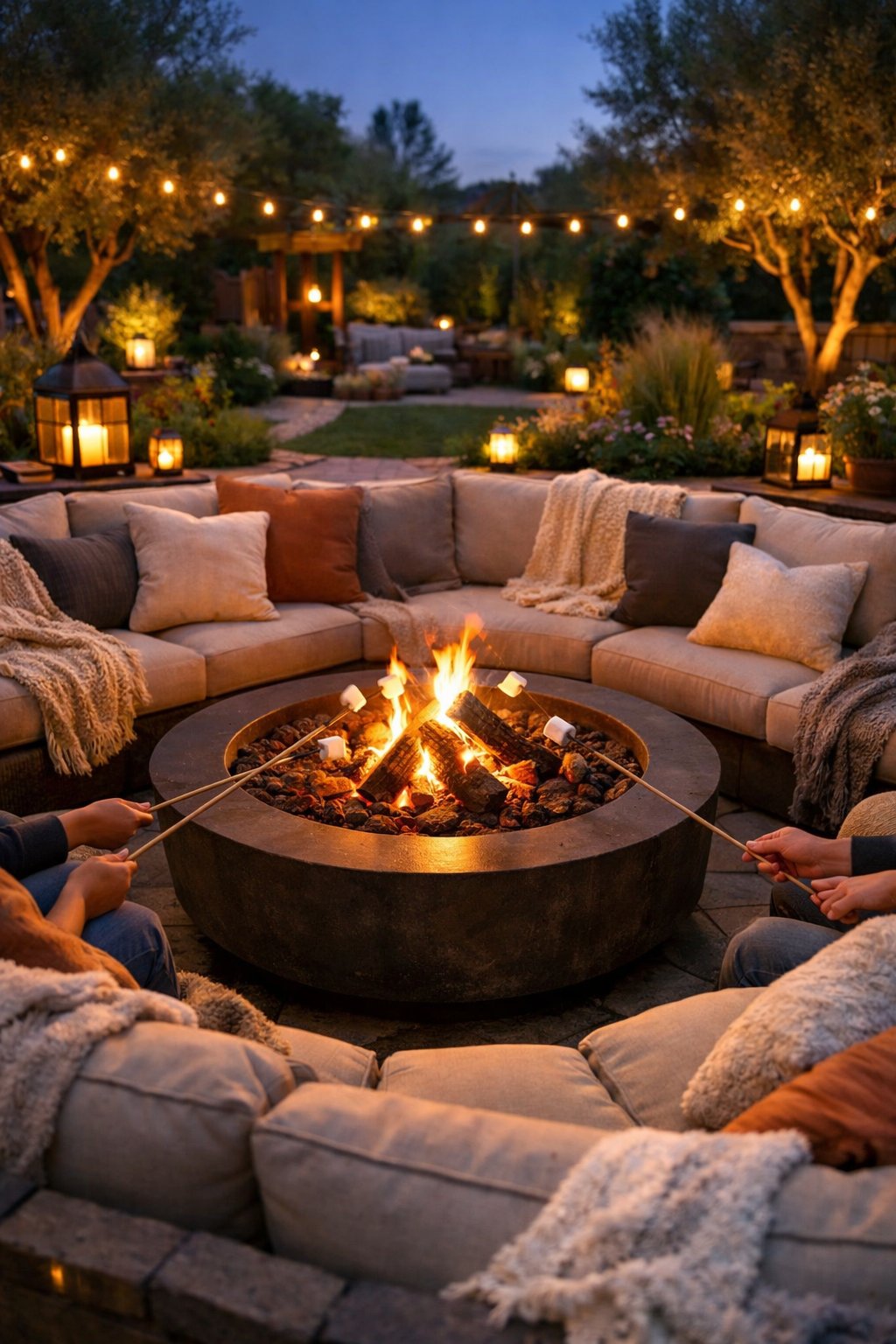 Outdoor fire pit surrounded by sectional sofas with cushions and blankets, people gathered around for marshmallow toasting and storytelling.