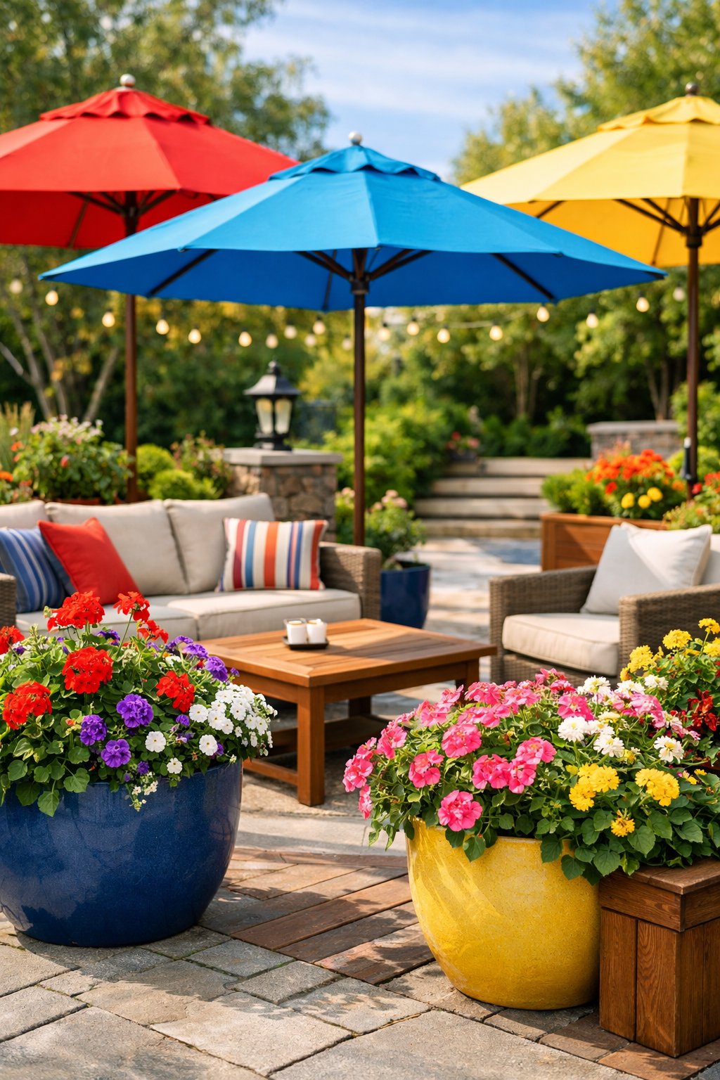 Outdoor patio with colorful umbrellas and blooming flower planters creating a welcoming and vibrant atmosphere.