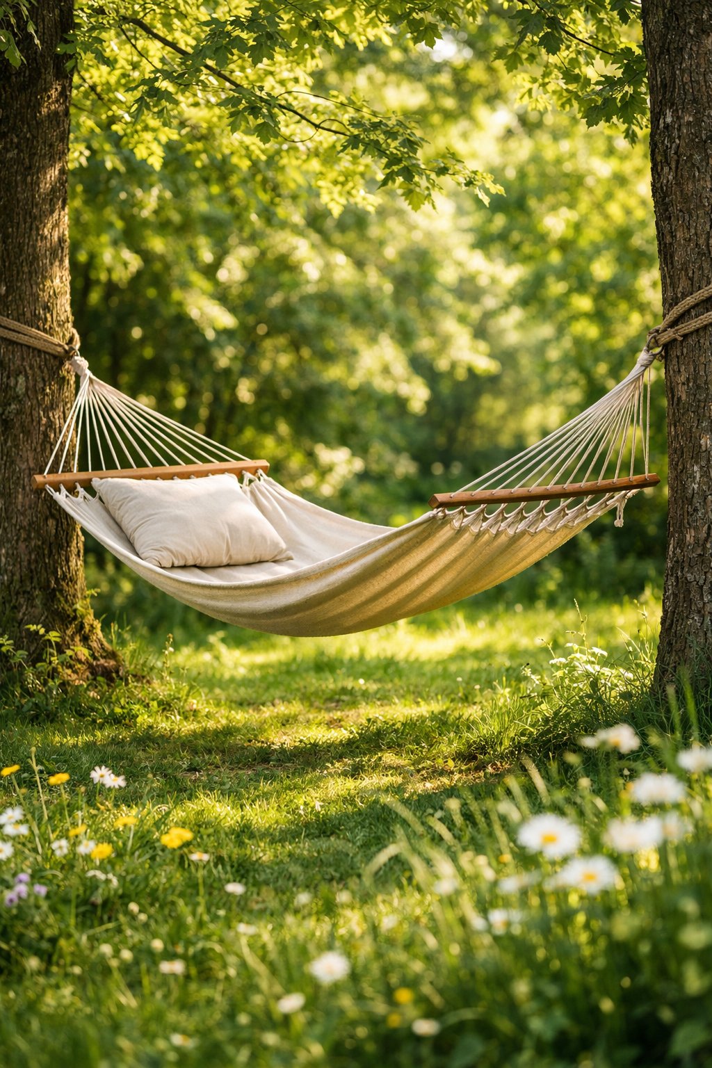 A hammock suspended between two trees in a green outdoor setting surrounded by foliage and sunlight.
