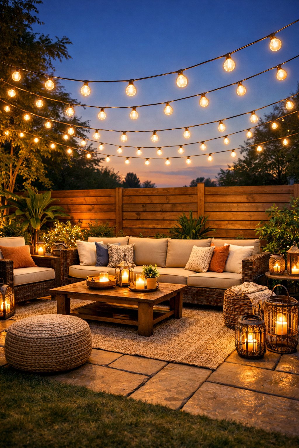 Outdoor backyard with string globe lights zigzagged overhead, cozy seating, and greenery creating a warm, inviting atmosphere.