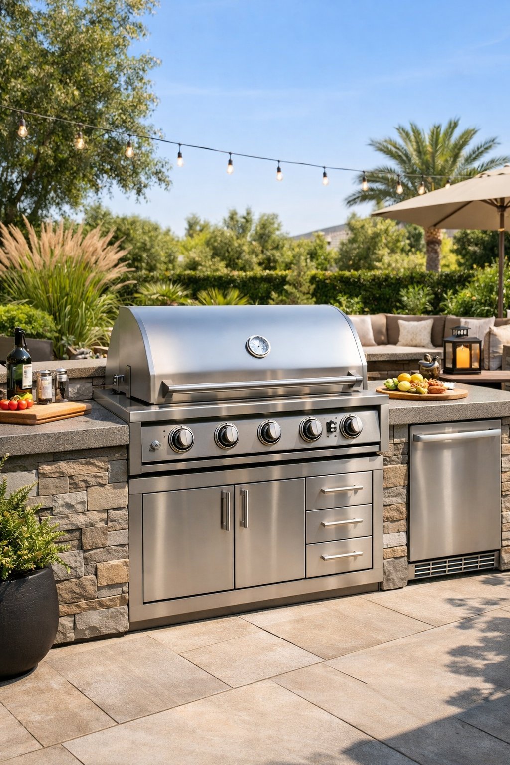 An outdoor kitchen with a modern grill station and seating area in a backyard surrounded by plants.