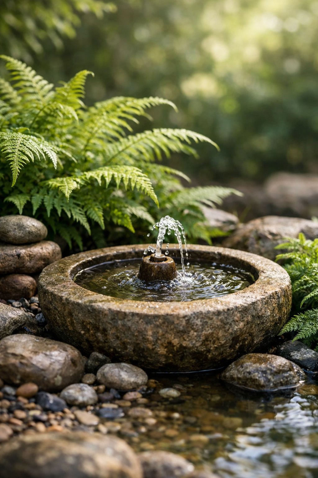 A small water fountain surrounded by green ferns in a peaceful outdoor garden.