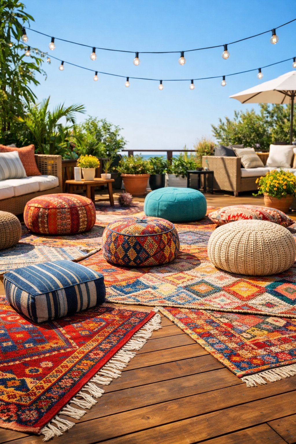 Outdoor patio with colorful bohemian rugs and poufs arranged on a wooden deck surrounded by plants and sunlight.