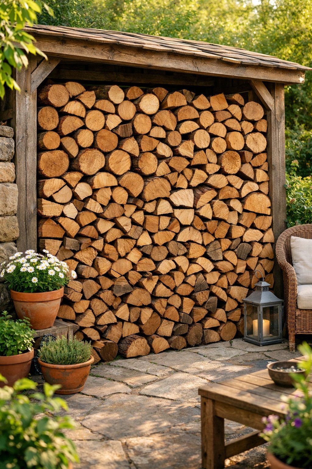 Neatly stacked firewood outdoors arranged as both storage and decoration with plants and garden elements around.