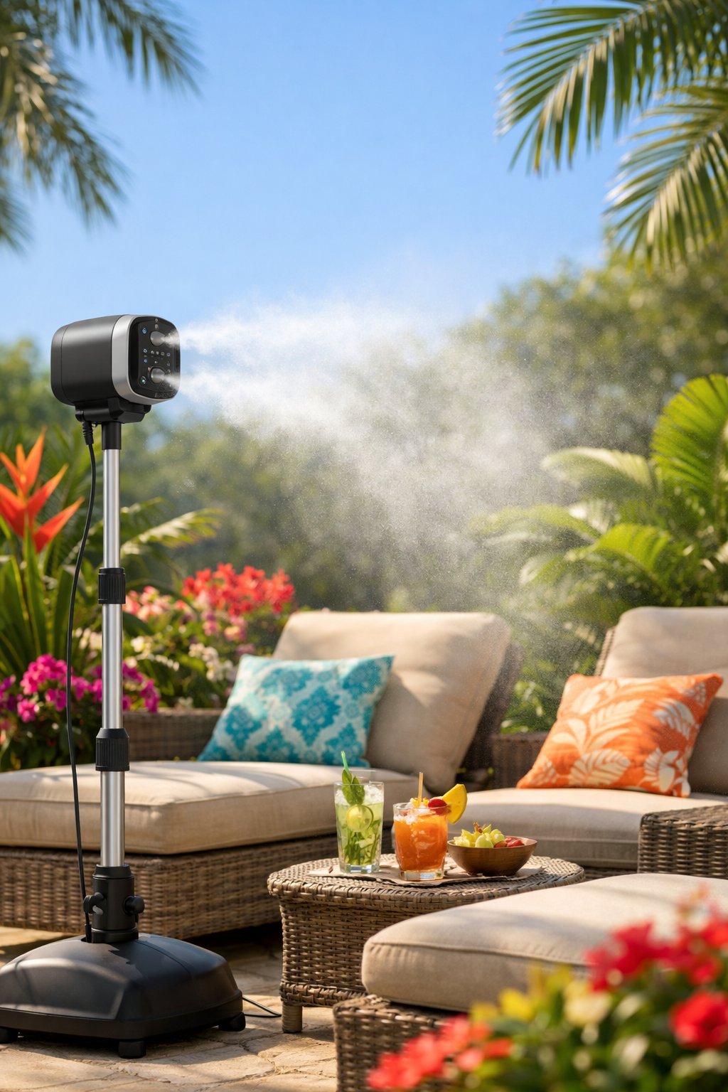 Outdoor patio with a portable misting system spraying mist over lounge chairs surrounded by tropical plants and flowers.