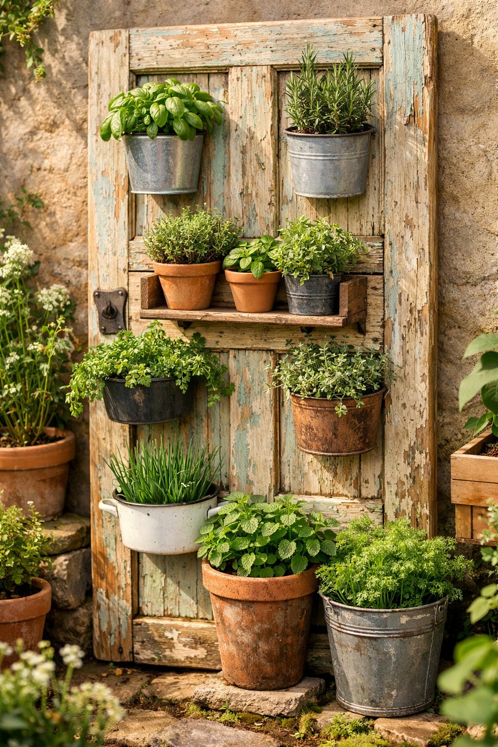 A vintage wooden door repurposed as a vertical herb planter with various green herbs growing in pots, set outdoors surrounded by plants.