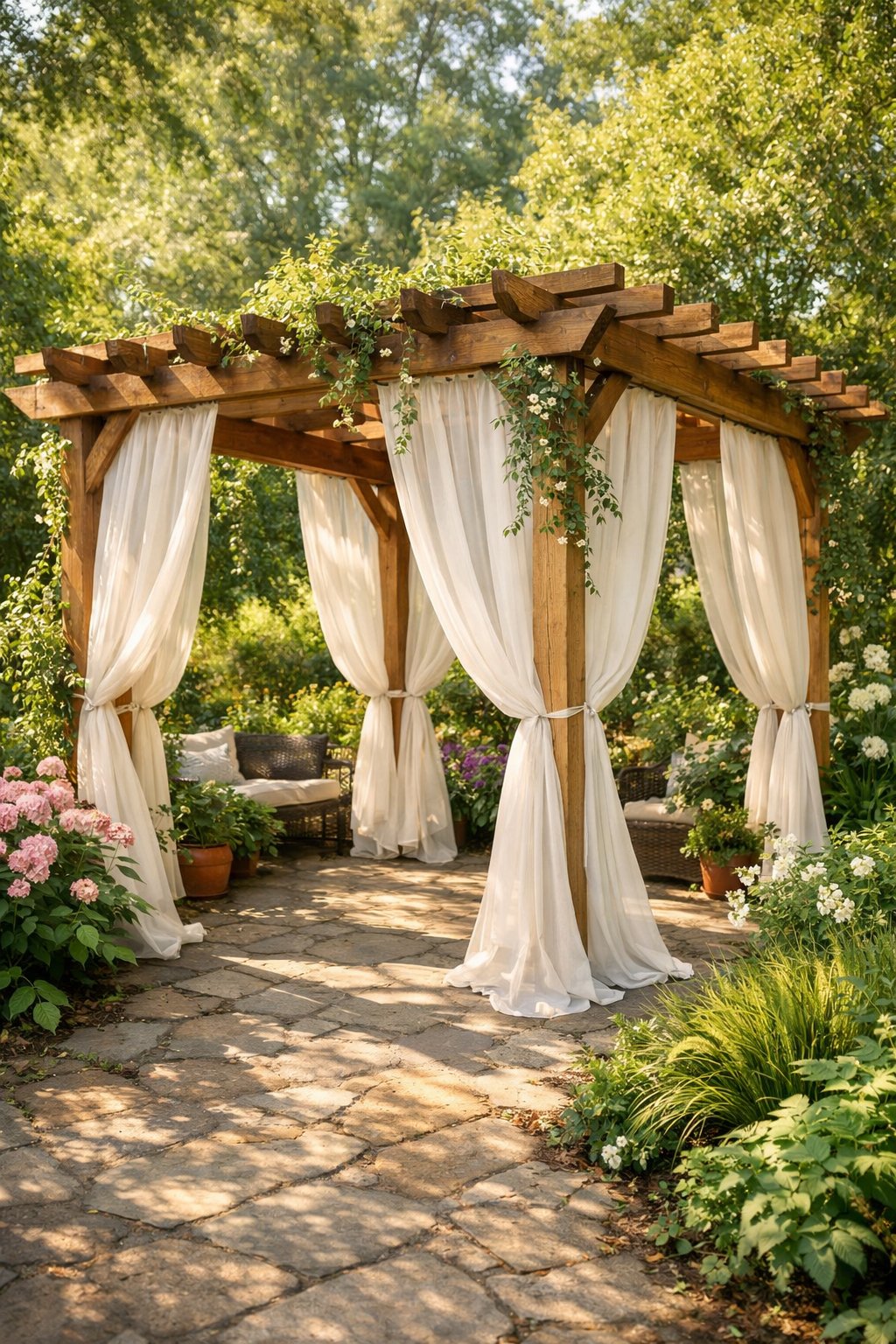 Wooden pergola with white curtains surrounded by green plants and flowers in a garden.