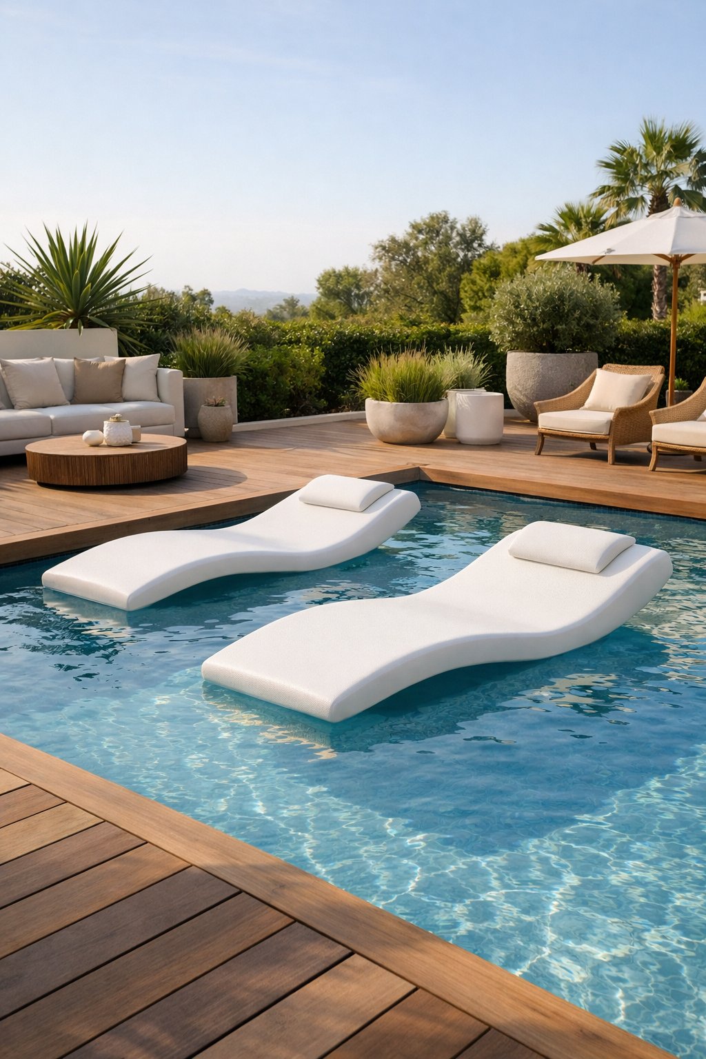 A modern pool deck with floating loungers on clear water surrounded by plants and outdoor furniture.
