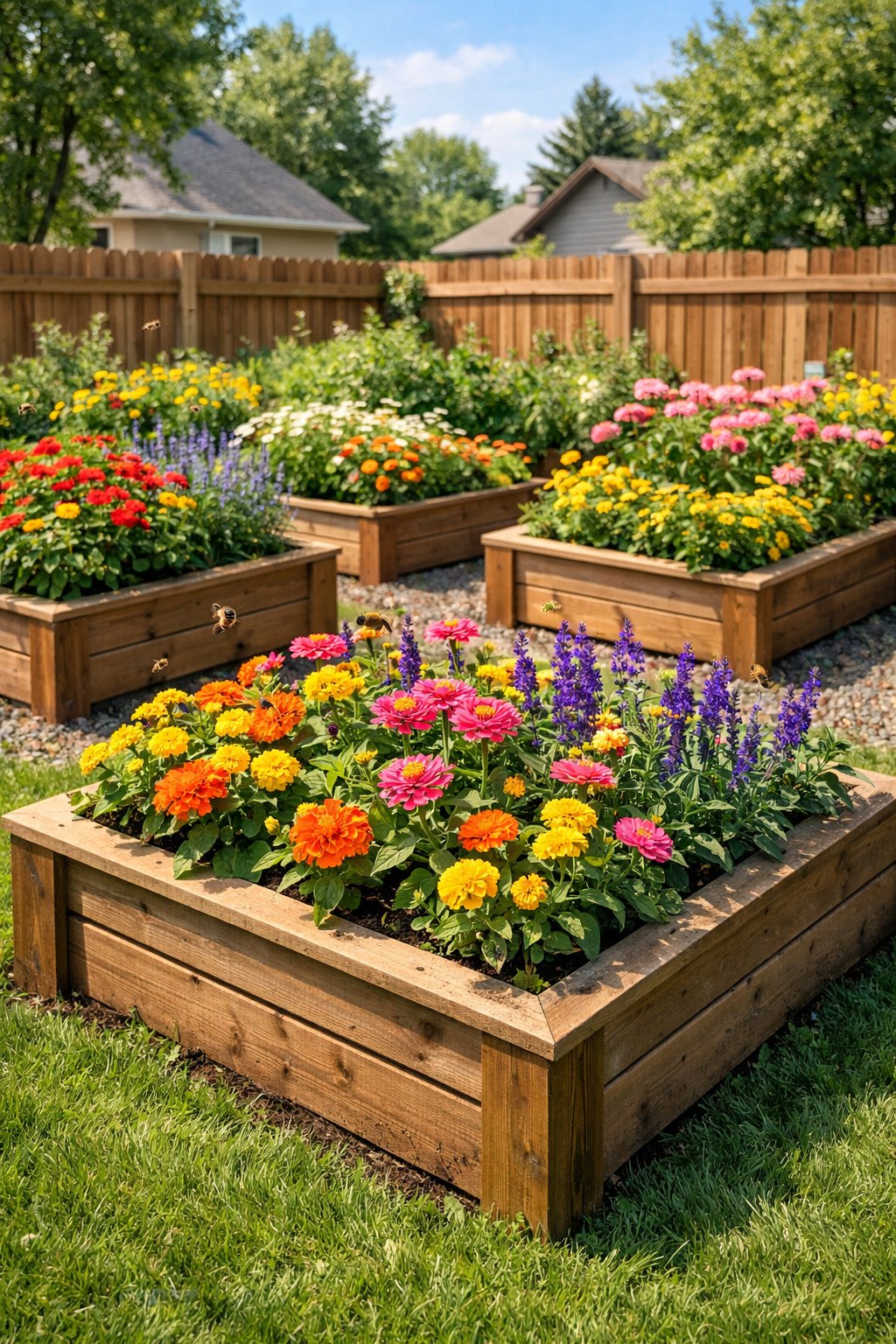 Raised garden beds filled with bright blooming flowers in a sunny backyard with bees flying around.
